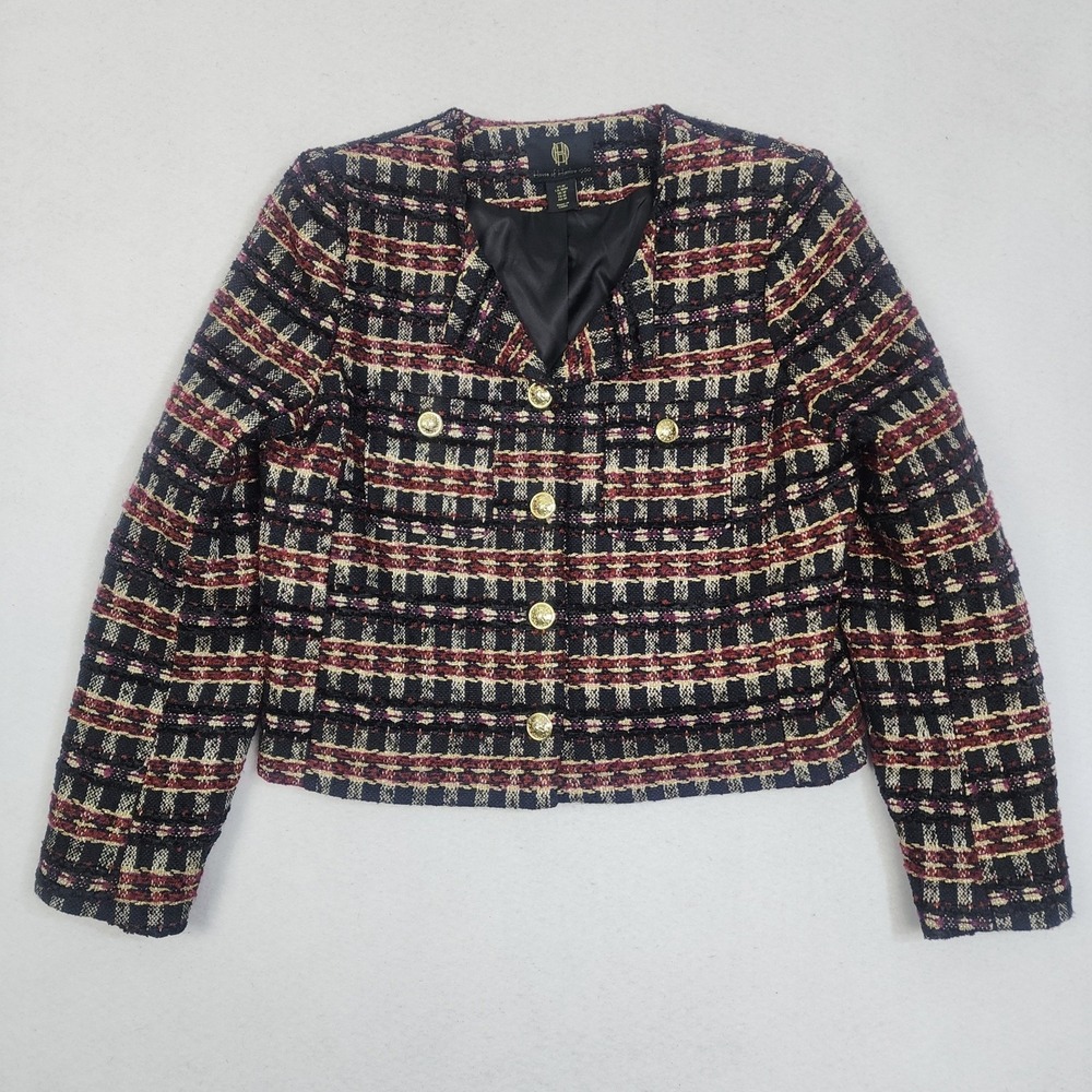 House of Harlow 1960 Tweed Jacket Womens Medium Multicolor Plaid Cropped Outdoor